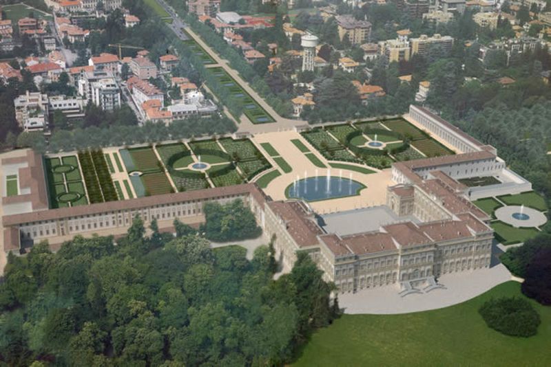 Vista aerea della Villa Reale di Monza con i giardini e il viale